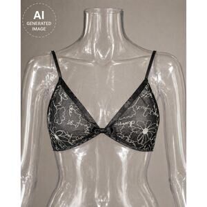 Savage X Fenty Black Mesh Lace Bralette Floral Sheer Bow Lingerie L approx small